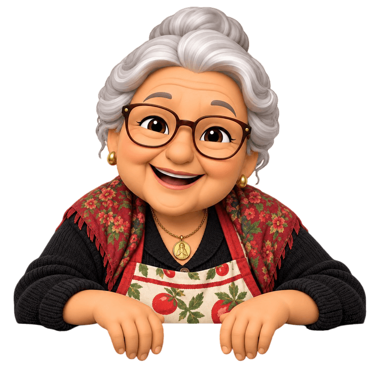 Nonna apoyada en su balcón, sonriendo con cariño
